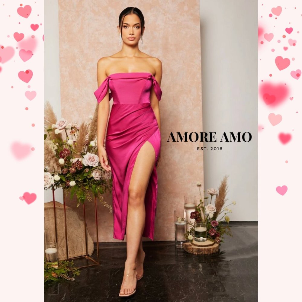 ❤️ Flora ❤️ Dress - Hug Hip Shell Pink Rose Flushed Ruched Satin Off Shoulder